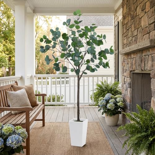 Aveyas 5ft Artificial Eucalyptus Tree for Home Decor, 5 Feet Large Faux Floor Plant Fake Silk Trees with Pot for Indoor Outdoor House Living Room Office (5 ft Tall Including Raised Pot) - color: Eucalyptus Tree (5ft)