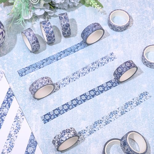 FYSUIMU 12 Rolls Blue Floral Washi Tape Chinoiserie Flower Bird Decorative Masking Tape Set Blue White Toile Wrapping Paper Tapes for Scrapbook Journal DIY Art Crafts - style: Blue Floral
