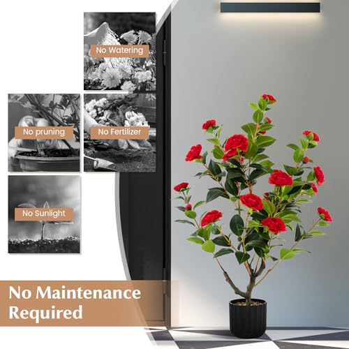 DREAMADE Artificial Camellia Tree, 38” Tall Potted Plant Artificial Decoration w/Cement Pot, 24 Flowers, Decorative Bonsai, Faux Plant Greenery for Indoor Living Room Office Dining Room Bedroom - color: Red