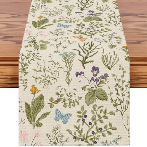 Artscope Wildflowers Floral Spring Table Runner, Summer Flowers Plants Butterfly Holiday Kitchen Dining Table Decoration for Spring Home Decor 13x120 Inch - size: 13" x 120"