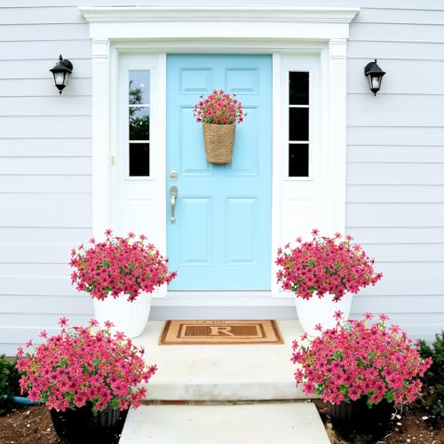 Bassion 20 Bundles Artificial Flowers for Outdoors Decorations, UV Resistant Faux Plants Fake Silk Flowers for Outside Daisy Hanging Planters Window Box Front Door Porch Patio Yard Home Decor - color: Rose Red