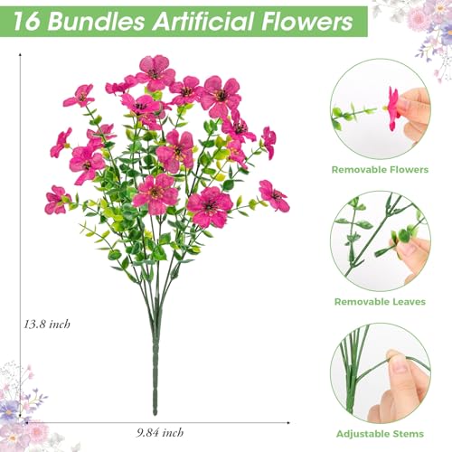 Bassion Artificial Flowers for Outdoors, 16 Bundles UV Resistant Fake Flowers Realistic Silk Faux Plants for Outdoor Planter Window Box Porch Patio Garden Home Outside Decorations - color: Fuchsia
