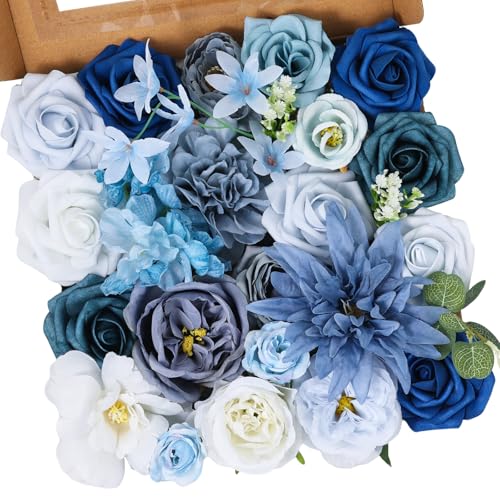 Artificial Flowers Combo Box Blue Dusty Blue Artificial Flowers for DIY Tables Centerpieces Baby Shower Bridal Shower Wedding Bouquet Arrangements Decor - color: Deep Blue