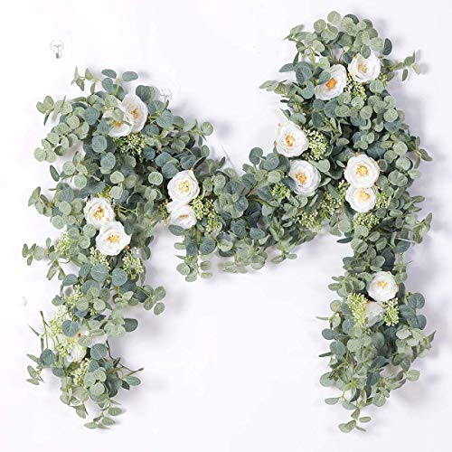 PARTY JOY 6.56ft Eucalyptus Garland with Flowers-8 White Roses, Artificial Fake Flowers Greenery Garland Floral Vines for Decoration Party Wedding Table Indoor Outdoor Backdrop Wall Decor(White) - color: White, size: 1PC