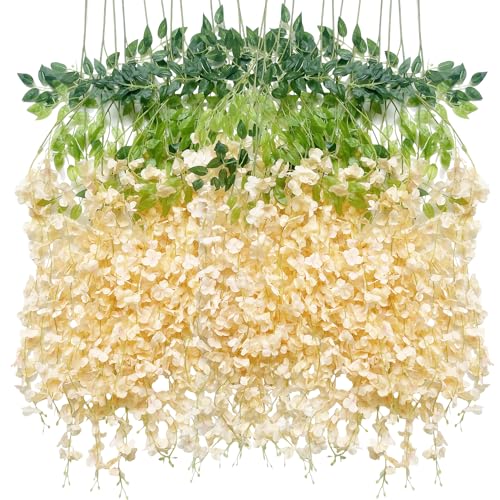 Artificial Flowers Hanging Flowers, Fake Wisteria Flower Garland Silk Vines Rattan String Decor for Home Wedding Arch Wall Garden Greenery Bedroom Outdoor Office Party Decoration (36, Champagne) - color: Champagne