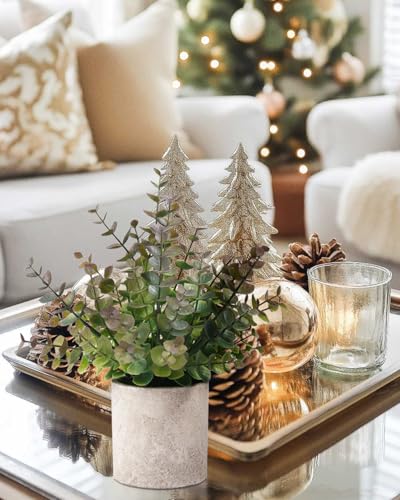 Coferset 2 Pack Small Fake Plants Christmas Greenery Eucalyptus Potted Artificial Plants for Shelf Desk Home Bathroom Farmhouse Room Coffee Table Decor Christmas Decor(Purple) - color: Purple-small