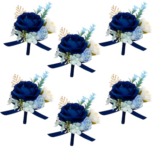 AuroraAria Noble Blue Boutonniere for Men,Set of 6,Groom Boutonniere for Wedding,Anniversary,Homecoming,Formal Dinner Party,Wedding decor,Artificial Noble Blue Rose - color: Noble Blue