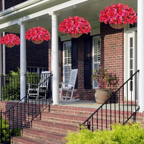 Artificial Fake Hanging Flower Plants Basket for Outdoors Spring Summer Decoration, Faux Bougainvillea Flowers in Planter Look Real UV Resistant Silk Flower for Outside Porch Patio Garden Home Decor - color: Hotpinkred