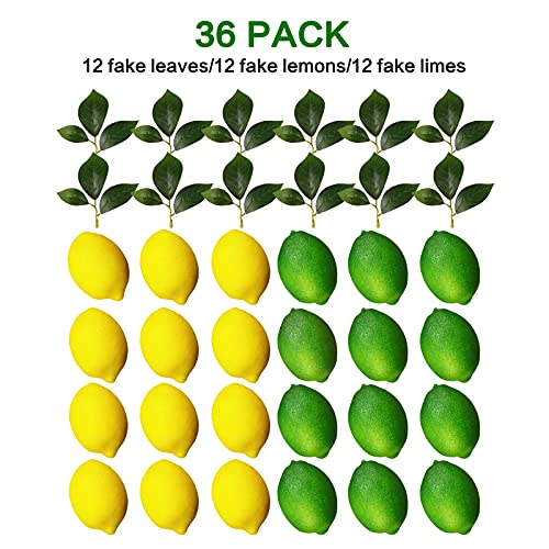 Fake Fruit Artificial Lemons 24 Pcs, Faux Lemon Leaves 12 Pcs Lifelike Fake Lemon Decor for Kitchen Table Cabinet Party Plastic Fruits Photography Prop