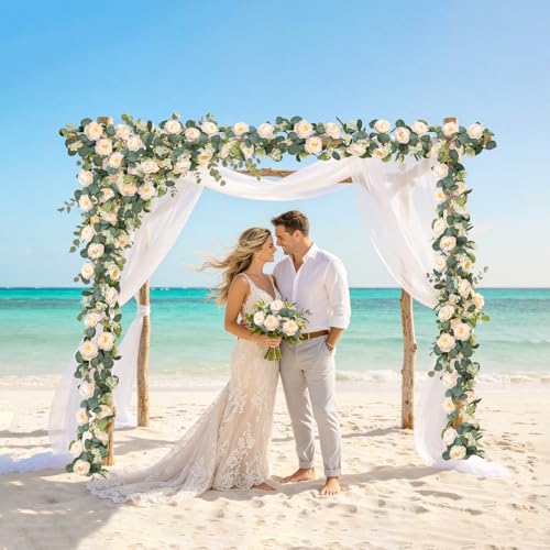 Uguisu 2Pcs Artificial Garland with Roses, 5.9ft Greenery Eucalyptus Garland for Wedding, Party, Mantel, Table, Indoor and Outdoor Decoration. Champagne - color: Champagne