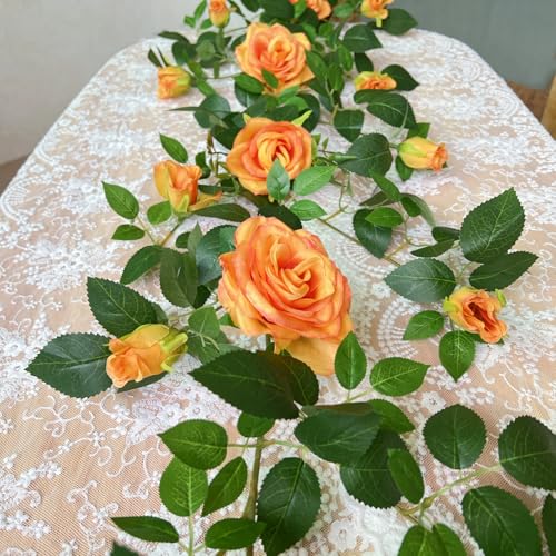 5.9FT Bendable Rose Flower Garlands, Artificial Silk Wild Roses Vine Hanging Flowers for Wall Fireplace Fence Table centerpieces Trellis Wedding Indoor Outdoor Spring Decor(Orange,1PC) - color: Orange, size: 1