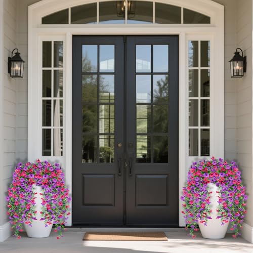 Artificial Hanging Flowers for Outdoors Decorations 2 Pack, Fake Hanging Flowers, UV Resistant Artificial Hanging Plants outdoors for Home Porch Patio Balcony Baskets Yard(Purple & Rose Red) - color: Purple Rose Red