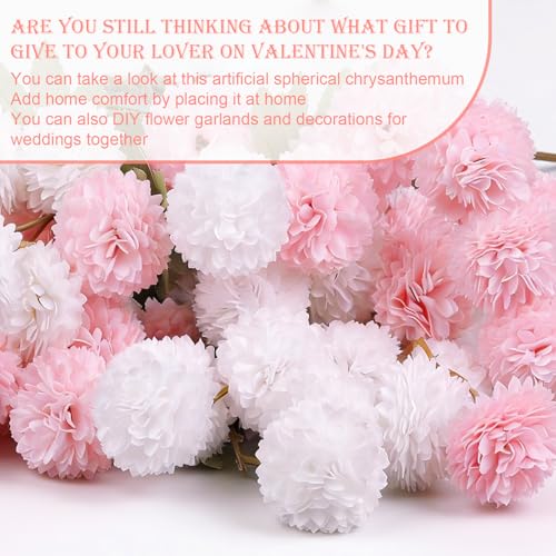 INQCMY Artificial Flowers 12 Pcs Fake Chrysanthemums Faux Kiku Flower Long Stem 20" Realistic Silk Pompon Mums for Vase Wedding Bouquets Centerpieces Home Decor (White Pink) - color: White Pink
