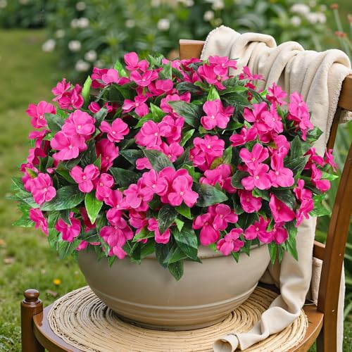 Ouddy Decor 6 Bundles Artificial Impatiens Flowers for Outdoors Decoration, Silk Flowers Bouquet Fake Plants UV Resistant for Spring Summer Garden Porch Window Box Balcony Home Decor, Pink - color: Pink