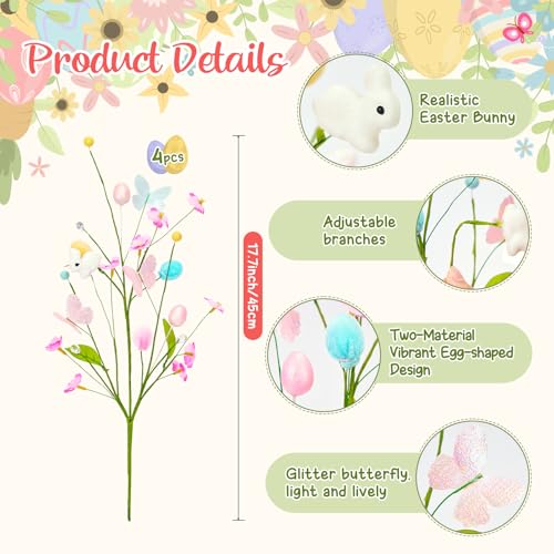 4 Pcs Artificial Easter Stems Decorations, Colorful Egg Branches with Glitter Butterflies Decor, Spring Flowers and Bunny for Vase Arrangement Centerpiece Decor