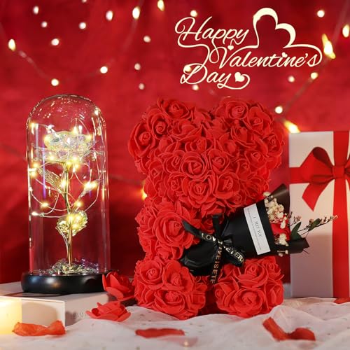 Mothers Day Rose Bear Gifts for Mom，Valentines Day Rose Gifts for Women Rose Bear for Wife + Romantic Greeting Card + Delicate Flower Lamp from Daughter & Son - color: Red