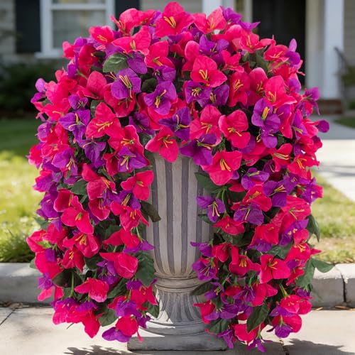 Fake Bougainvillea Artificial Flowers for Outdoors Decoration 2 pcs Faux Hanging Flowers Plants for Outdoor Planters UV Resistant Silk Bougainvillea Vines for Front Door Porch Urn Patio Garden - color: Hot Pink and Light Purple