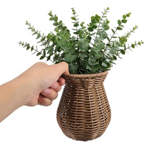 Cabilock Small Rattan Vase for Flowers, 5.7" Rustic Woven Wicker Vase for Boho Home Decor, Imitation Rattan Flower Basket, Farmhouse Desktop Centerpiece for Pampas Grass, Dried Floral Arrangement