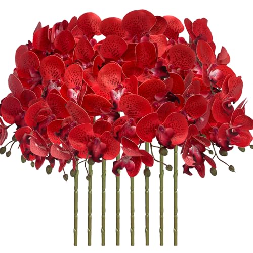 FagusHome 8 Pcs Artificial Phalaenopsis Flowers 32 Inch Artificial Orchid Flowers Fake Flowers Stem Plants for Home Décor (Red Piebald) - color: Red Piebald
