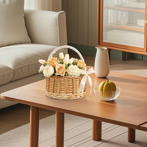 2 Pack Wicker Rattan Flower Girl Mini Basket, Handmade Wedding Flower Basket with Handle Silk Ribbon, Wicker Basket for Wedding Picnic Home Decor - size: Round Basket