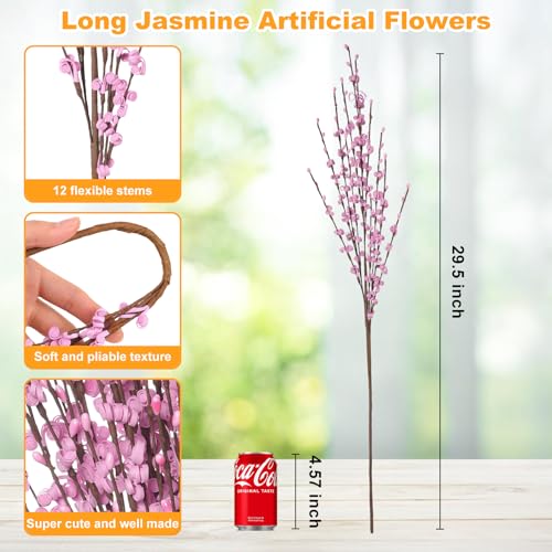 Wootkey 5 Pcs 29.9" Long Jasmine Artificial Pink Flowers Fake Jasmine Flower Stem Valentines Day Bouquet Faux DIY Floral Art Plant Dry Branches for Home Office Wedding Party Vase Decoration - color: Macaron Pink, size: 5pcs-29.5''