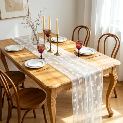 Daisy Gauze Table Runner 120 Inch 10FT, Floral Flower Tulle Table Runner Seasonal Kitchen Dining Table Decorations for Party Wedding Christmas Holiday Birthday (White) - color: White
