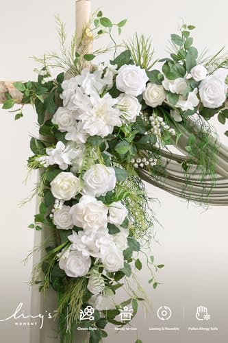 Ling's moment Wedding Arch Flowers with Drapes Kit-Pack of 5, 2pcs Flower Arrangements 3pcs Sheer Hanging Drapes White Ceremony Arbor Backdrop Artificial Rose Floral Decorations, White Green - color: Wht-white Green