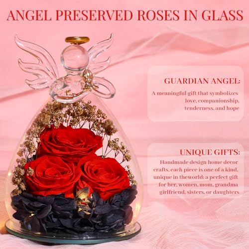 Beferr Gifts for Mom Birthday Gifts for Women, Fresh Flowers for Delivery Forever Preserved Rose in Glass Angel Figurine, Anniversary Christian Real Rose for Grandma Wife Mother from Daughter Son - color: M Arg-black & Red
