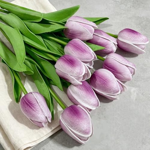 PU Real Touch Tulips Artificial Flowers 30Pcs Fake Flowers Arrangement Bouquet for Home Office Wedding Decoration (Purple) - color: Purple 30pcs