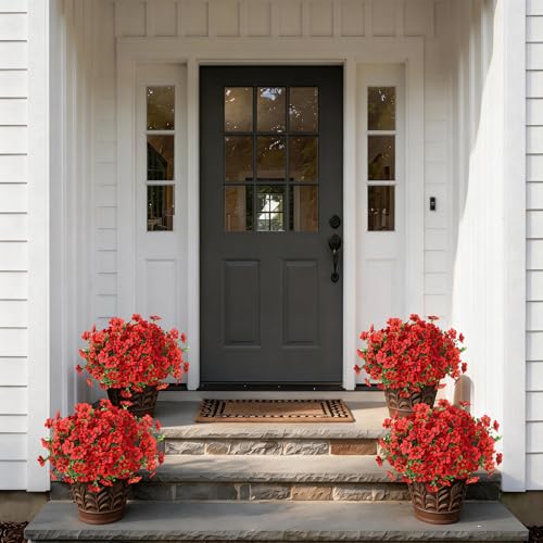 2 Set of Artificial Morning Glory & Eucalyptus Topiary Trees - Faux Silk Flower Potted Plants, UV-Resistant Fake Outdoor Morning Glory Bushes for Front Door, Yard, Farmhouse, Garden Decor (Red) - color: Red