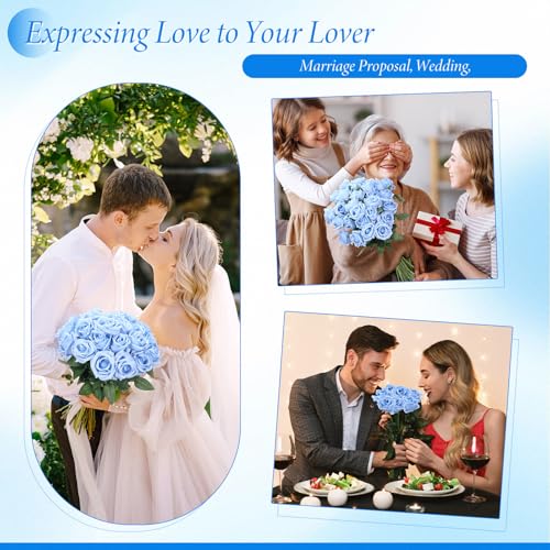 Hotop 40 Pcs Rose Artificial Flowers Bulk with Long Stem,Realistic Silk Fake Roses Bouquet for Home Wedding Centerpieces Party Table Decoration Valentines Gifts(Light Blue) - color: Light Blue