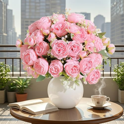 Peonies Artificial Flowers 12 Bundles Pink Flowers Bouquet, Lifelike Silk Fake Peonies with Stems for Home Table Centerpieces, Wedding, Party & DIY Bridal Floral Arrangements (Light Pink) - color: Light Pink