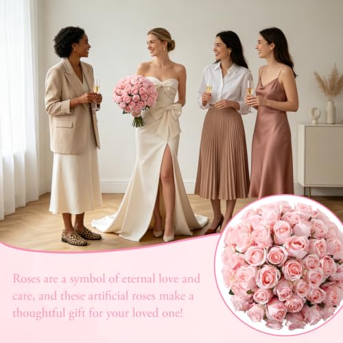 60Pcs Realistic Fake Roses Faux Flowers with Long Stems, Artificial Silk Rose Flowers for Valentines Day Home Wedding Decor Bridal Bouquet (Light Pink-60) - color: Light Pink-60