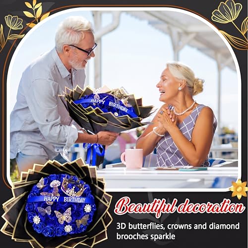 Maysing Money Bouquet Kit 12 Pcs Glitter Roses 20 Sheet Flower Wrapping Paper DIY Flower Bouquet Floral Foam Blocks Sticker for Anniversary Birthday Mother's Day Graduation(Blue) - color: Blue