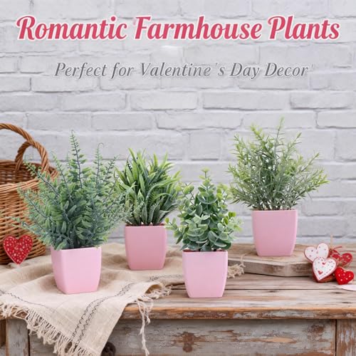summer flower 4 Pack Small Fake Plants in Pink Pot Artificial Plant Indoor Eucalyptus Wheat Grass Ferns Rosemary Faux Greenery for Room Decor Home Office Desk Bathroom Kitchen Living Room Decorations - color: Pink-4