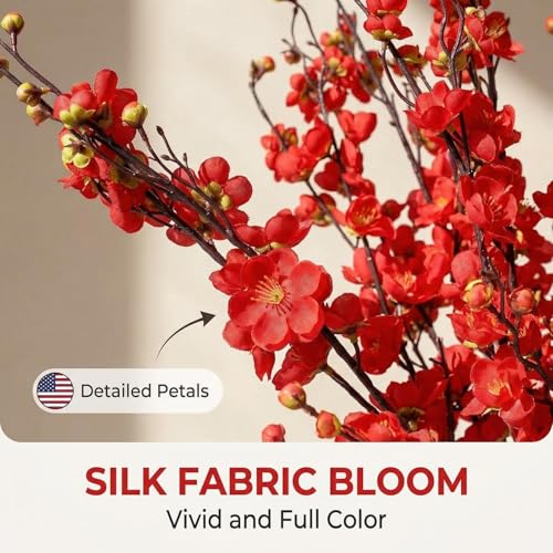 8pcs Red Cherry Blossom Branches Artificial Flowers for Winter Spring Indoor Decoration, 36" Plum Fake Peach Plants for Wedding Home Office Bedroom Party Decor (red, 36in) - color: Red, size: 36.6 inches