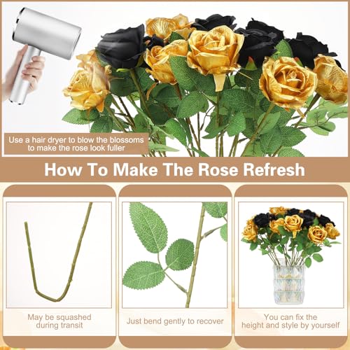 72 Pcs Artificial Roses Gold, Black Fake Silk Roses Realistic Roses Faux Flower Indoor Wedding Home Decor, Birthday Decorations - color: Gold,black