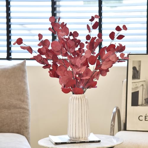 3 PCS Artificial Eucalyptus Stems Long 33" Fake Eucalyptus Leaves Branches for Vase Home Wedding Party Decorations, Red - color: Red*3