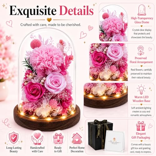 Preserved Flowers in Glass, Preserved Rose with 1 Carnation & 2 Pink Roses Luxury Eternal Flower Gift for Grandma Wife Her Forever Flowers for Anniversary Birthday Lasts 3-5 Years - color: Pink