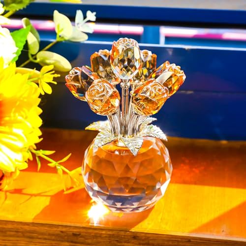 Movdyka Red Rose Flower Crystal Figurine - Bouquet Flowers Ornament Gifts for Wife Girlfriend Women - Handmade Crystal Flower Collectible Home Table Decor for Valentine's Day Wedding Anniversary - color: Champagne -Crystal Rose