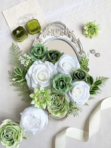 FACINOC Rose Artificial Flowers White Fake Flower Bulk for DIY Wedding Bouquet Bridal Baby Shower Decorations Party Table Centerpieces Cake Decorating Silk Floral Arrangement Home Decor Indoor Green - color: White, Green