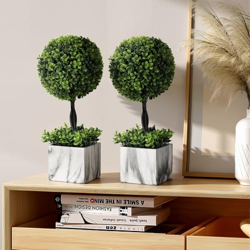 Lewondr 16'' Artificial Topiary Ball Tree, Small Potted Fake Plants, Artificial Boxwood Plants with White Planter Pot, Outdoor Indoor Realistic Faux Shrubs Tree for Home Office Porch Decor, Set of 2 - size: 2 Pack