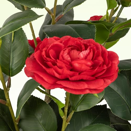 36” Artificial Camellia Tree 2 Packs, Faux Camellia Plant in Pot with Red Flowers, Greenery Camellia Tree for Spring Home Front Door Outdoor Indoor Decoration, Red - color: Red, size: 3FT