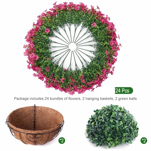 HyeFlora 2 Set Artificial Outdoor Flowers Hanging Basket, Faux Hanging Plants for Outside Spring Decoration, Fake Silk UV Resistant Look Real Daisy for Porch Patio Home Decor - color: Rose Red