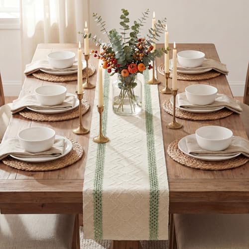 Artoid Mode Sage Green Stripe Woven Table Runner, Seasonal Holiday Hollow Kitchen Dining Table Decoration for Home Party Decor 12x36 Inch - color: Sage Green, size: 12" x 36", Table Runner
