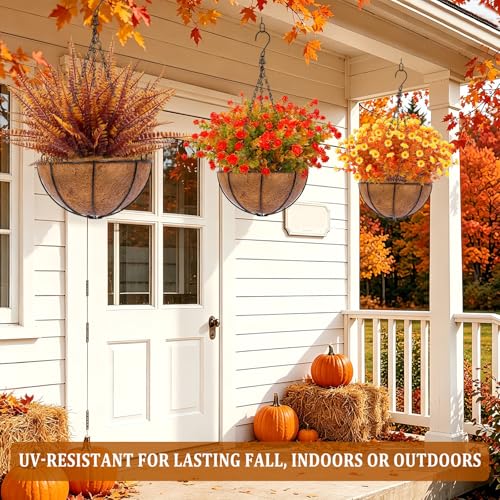 TURNMEON 12 Bundles Artificial Fall Flowers for Outdoors Fall Decorations, UV Resistant Fake Mums Faux Fall Plants Plastic Orange Boston Fern Eucalyptus Home Garden Porch Autumn Thanksgiving Decor - color: Mix Orange Brown Yellow, size: 12 Bundles