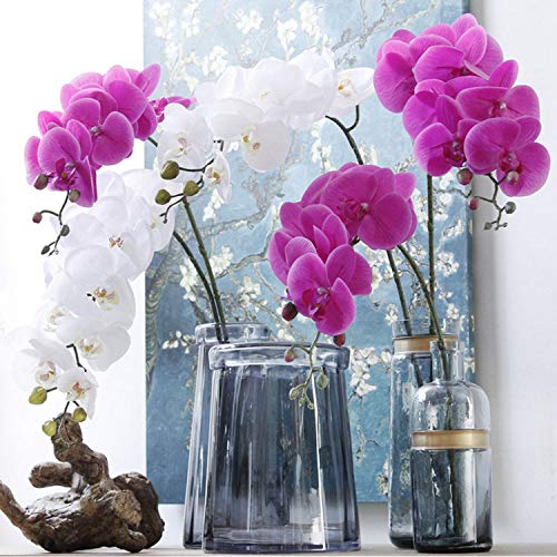 FagusHome 32" Artificial Phalaenopsis Flowers 4 Pcs with 2 Bundles Leaves Artificial Orchid Flowers Stem Plants for Home Décor (Purple) - color: Purple