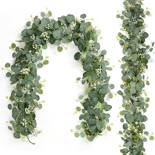 TOCHGREEN 2 PCS Artificial Eucalyptus Garland 5.9FT Faux Silver Dollar Greenery Garland Vines with White Flower Boxwood Fake Hanging Plants for Wedding Home Party Table Mantle Wall Decor - color: 2pcs