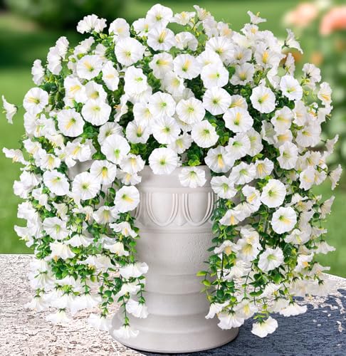 Artificial Faux Hanging Flowers Plants for Outdoor Decor,2 PCS Fake Silk Morning Glory with Eucalyptus UV Resistant Realistic Trailing Vines for Wall Home Porch Patio Balcony Yard Indoor Decor,White - color: White