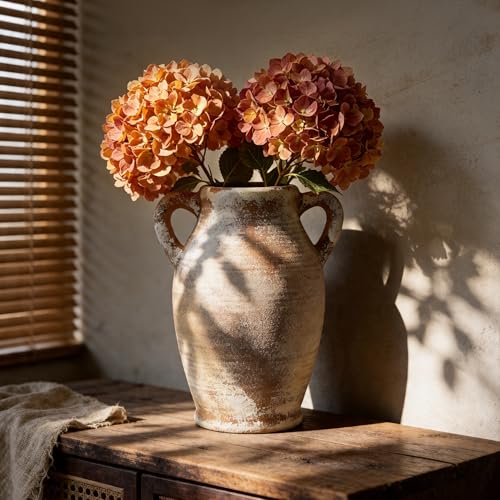 Ceramic Flower Vase, 8.3" Rustic Farmhouse Table Vase, Low Profile Decorative Pottery Vase for Fresh Flowers, Faux Stems, Coffee Table, Kitchen, Bathroom and Shelf Decor - color: Rustic-6.7"l X 6.3"w X 8.3"h